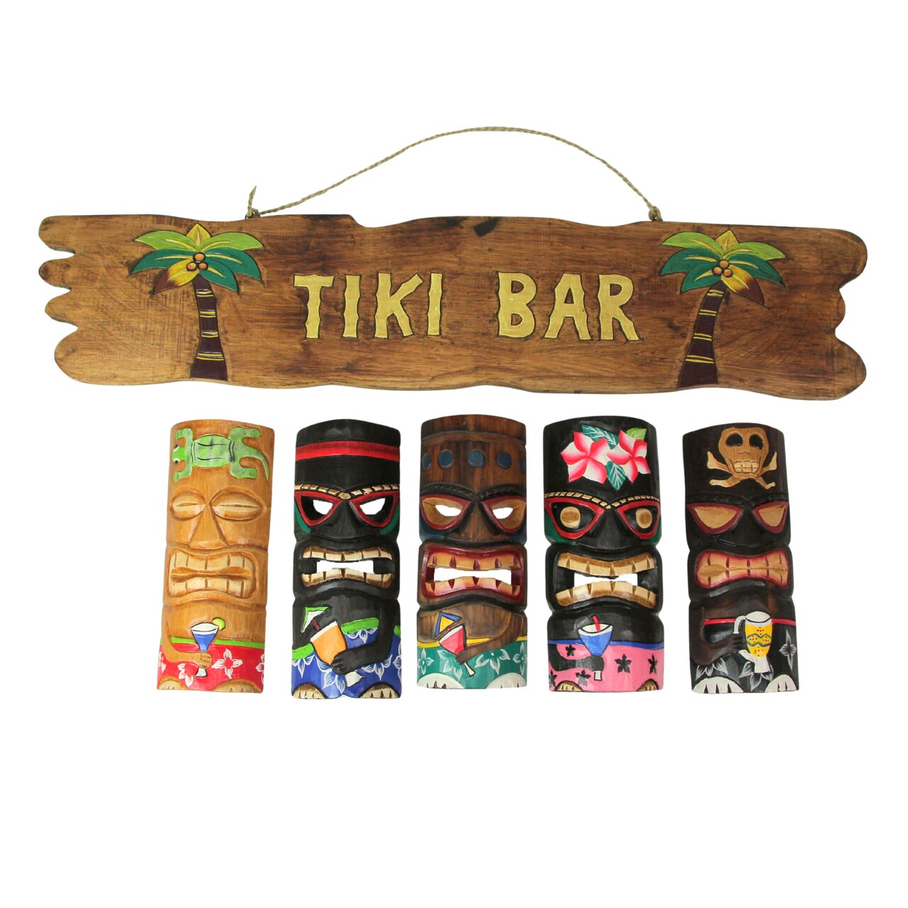 Set of 5 Hand-Carved Polynesian Wooden Wall Masks & Rustic Tiki Bar Sign - Vibrant Tropical Decor for Indoor or Outdoor Spaces - Distressed Finish - Perfect for Patio, Bar, or Living Room Decoration
